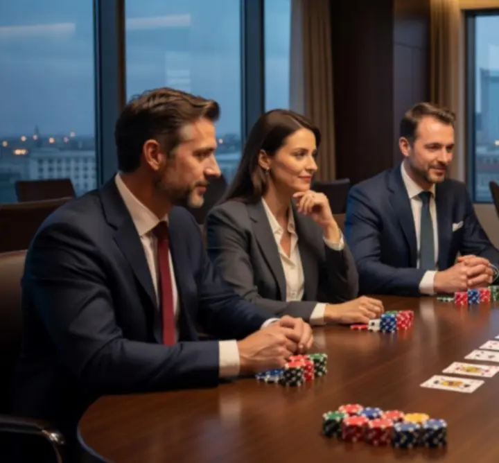 Zespół firmowy uczestniczący w wieczorze integracyjnym z pokerem jako atrakcją.